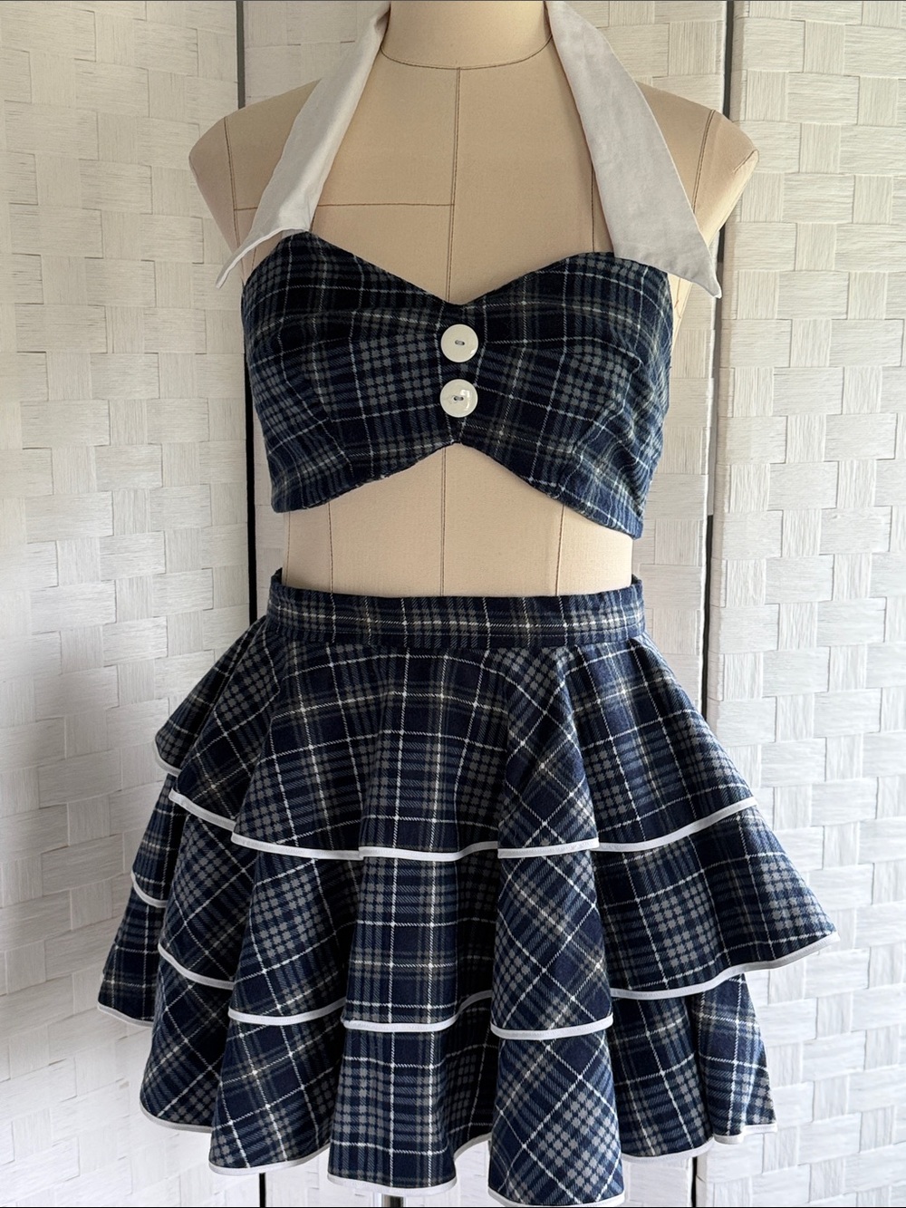Plaid Ruffle Mini Set - Retro Style Top and Apron Navy Plaid